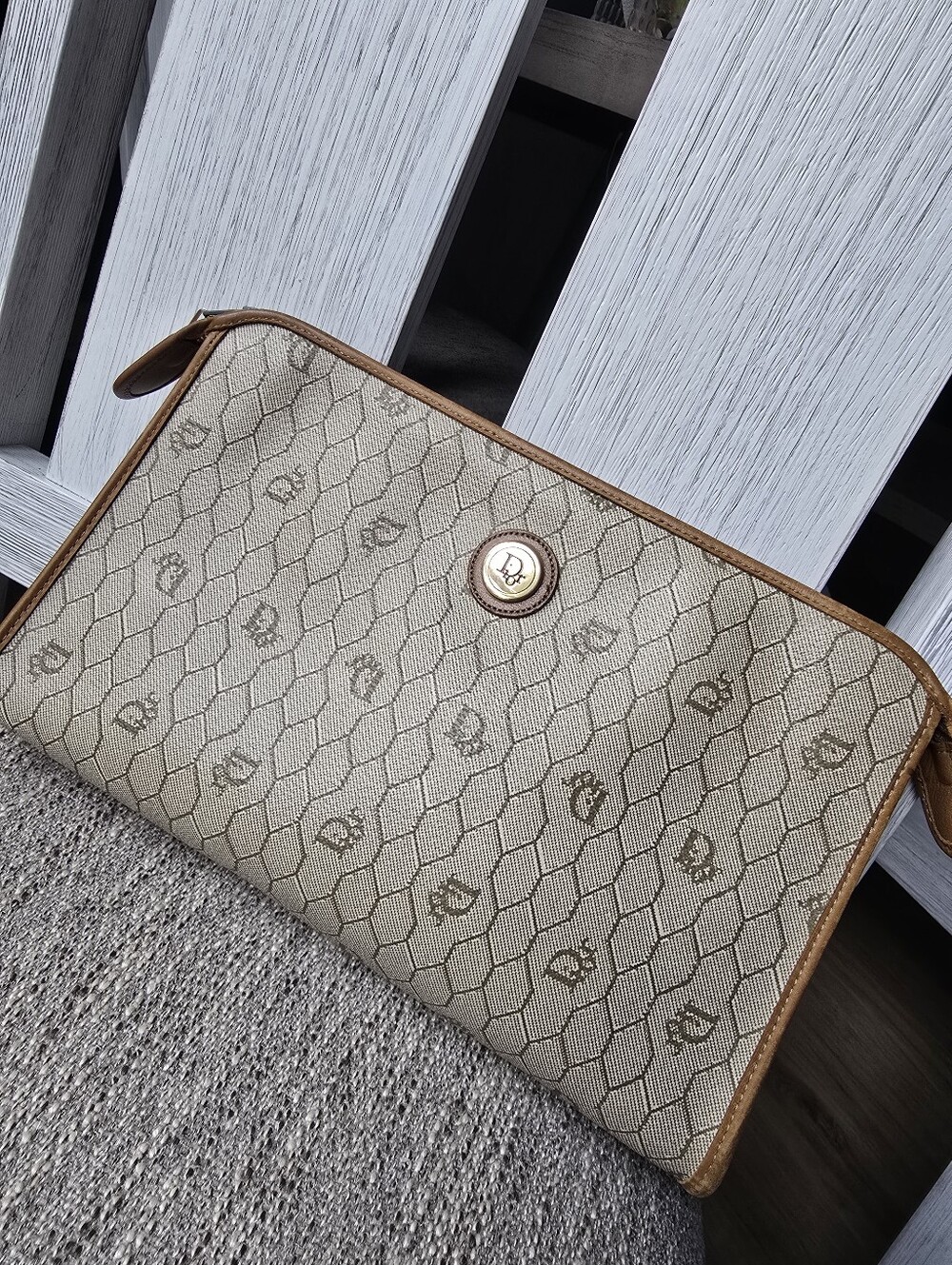 Authentic Dior Monogram Canvas Wristlet Clutch in Beige and Tan